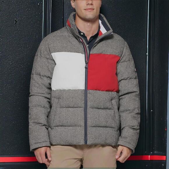 Tommy Hilfiger Coat Mens L Grey Wool Blend Puffer Big Logo Stand Collar Preppy - Picture 1 of 16
